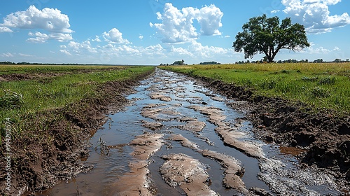 Severe heatwaves transforming a river delta, with diminished water flow and cracked riverbeds photo