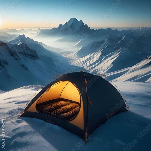 A minimalist single-person bivy tent on a snowy mountaintop with a breathtaking view photo