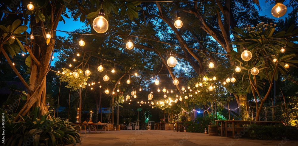 Obraz premium A park and glowing garlands.