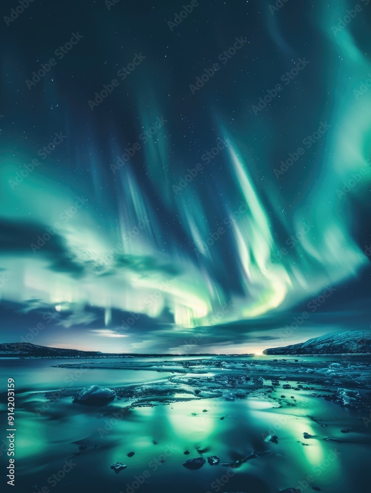 A breathtaking scene of auroras reflecting on a serene ocean at midnight, with the sky painted in hues of blue and green. A breathtaking scene of auroras reflecting on a serene ocean at midnight, with the sky painted in hues of blue and green.