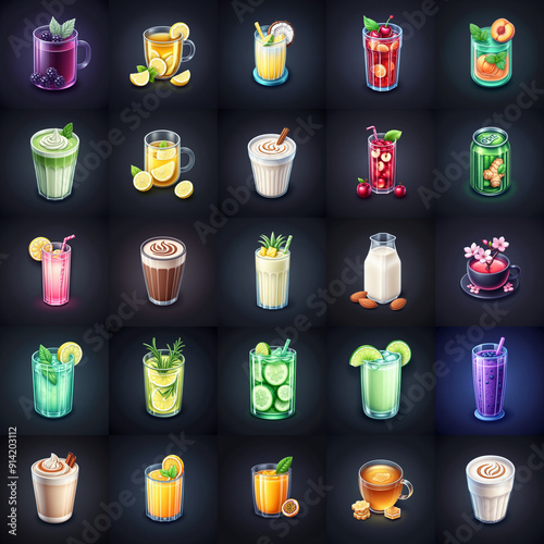 Set of colorful detailed icons of various beverages