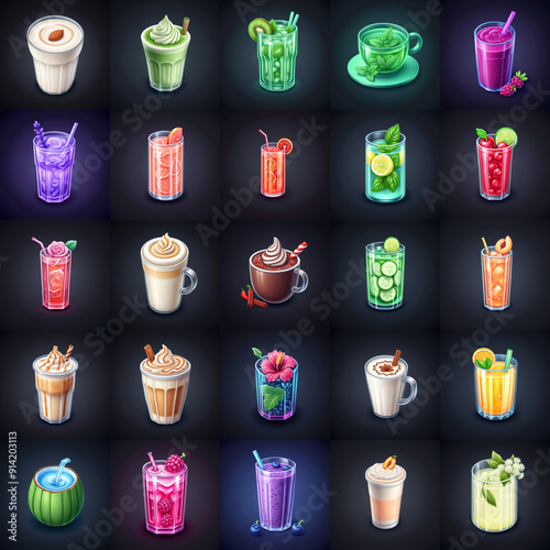 Set of colorful detailed icons of various beverages