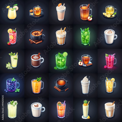 Set of colorful detailed icons of various beverages