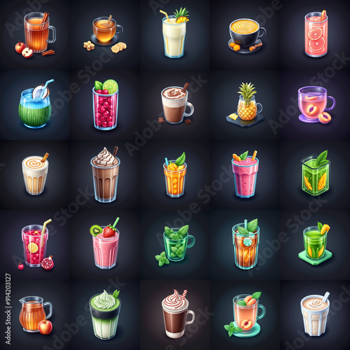 Set of colorful detailed icons of various beverages