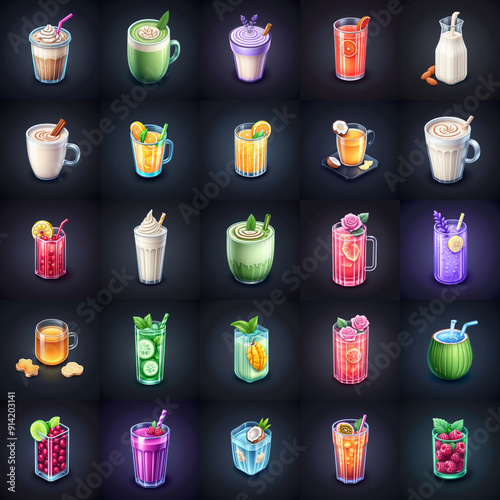 Set of colorful detailed icons of various beverages