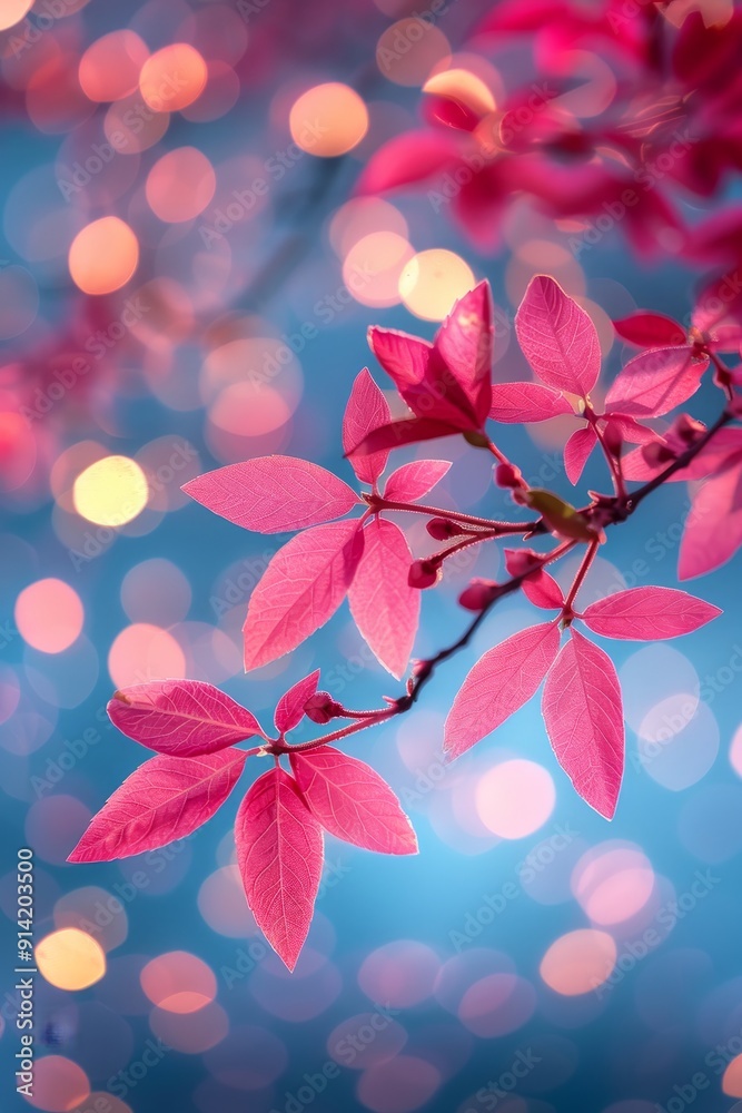 Pink Spring Leaves on Delicate Twig Bokeh Glow Close-Up View, Dreamy Garden Landscape Background Pink Spring Leaves on Delicate Twig Bokeh Glow Close-Up View, Dreamy Garden Landscape Background