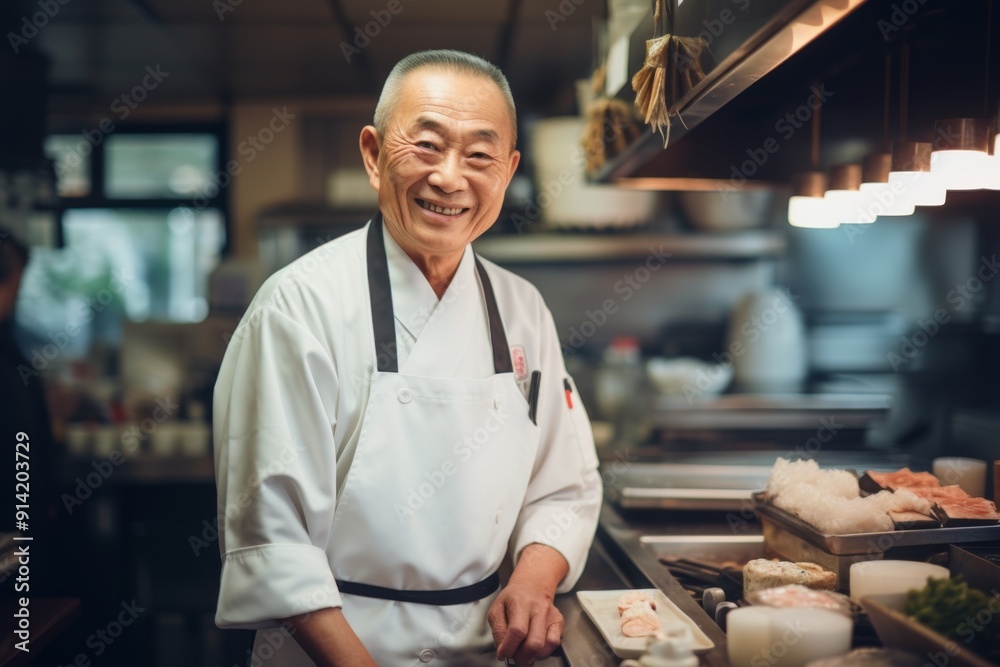 Smiling portrait of a senior male sushi chef in kitchen Smiling portrait of a senior male sushi chef in kitchen