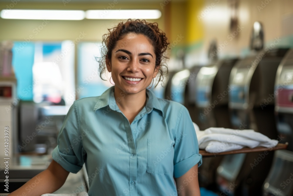 Portrait of a smiling Hispanic woman working at a laundromat Portrait of a smiling Hispanic woman working at a laundromat