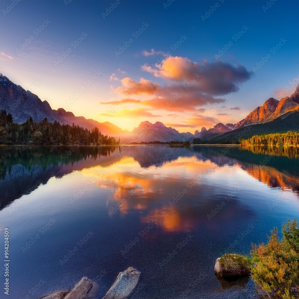 Naklejka premium A tranquil lake at sunset with mountains in the background and a perfect reflection on the water