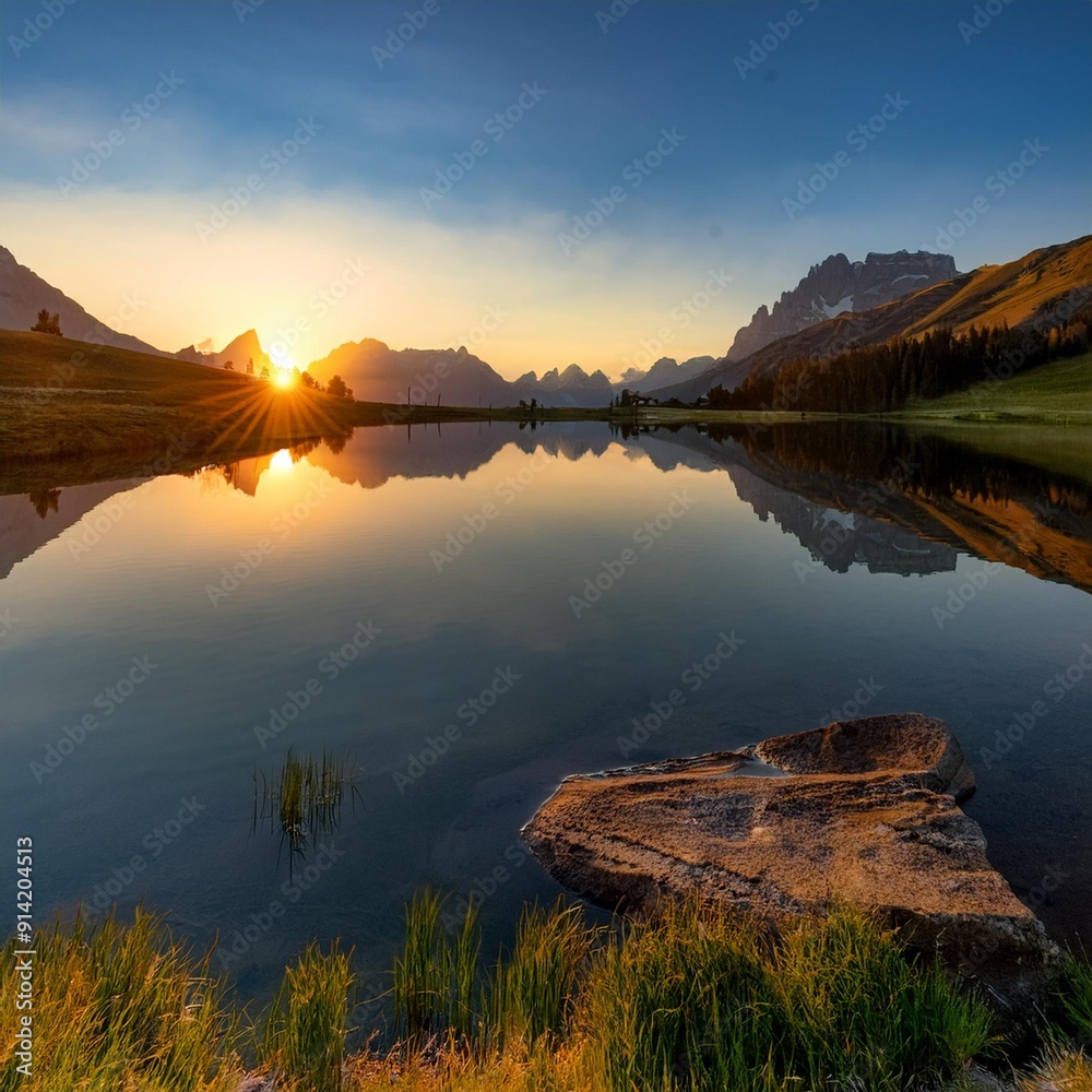 Fototapeta premium A tranquil lake at sunset with mountains in the background and a perfect reflection on the water