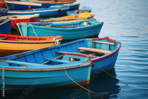 Wallpaper Mural Colorful Boats at Anchor: A vibrant row of small, wooden boats bobs gently at anchor in a tranquil harbor, their colorful hulls reflecting the sun's golden rays. A picturesque scene of seaside serenit Torontodigital.ca