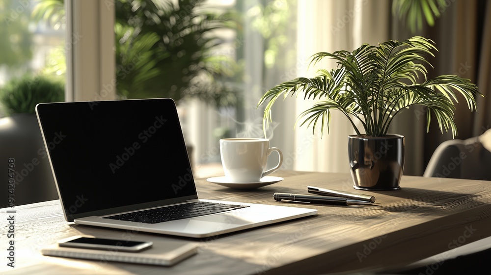 Modern Workspace with Coffee and Greenery Modern Workspace with Coffee and Greenery