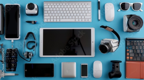 A black laptop, tablet, and keyboard are on a table with a few other items