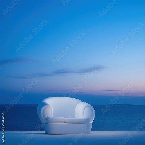 Solitude by the Sea: A minimalist white armchair sits alone on a balcony overlooking a serene ocean at dusk. The soft light of the setting sun casts a warm glow on the scene, creating a sense of tranq