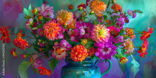 An arrangement of colorful blooms in a celadon pot.