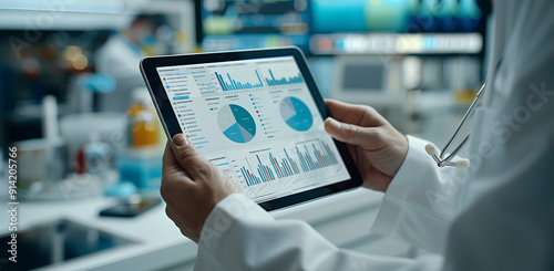 Close up of a doctor's hands holding a tablet with graphs in a laboratory, analyzing and researching.