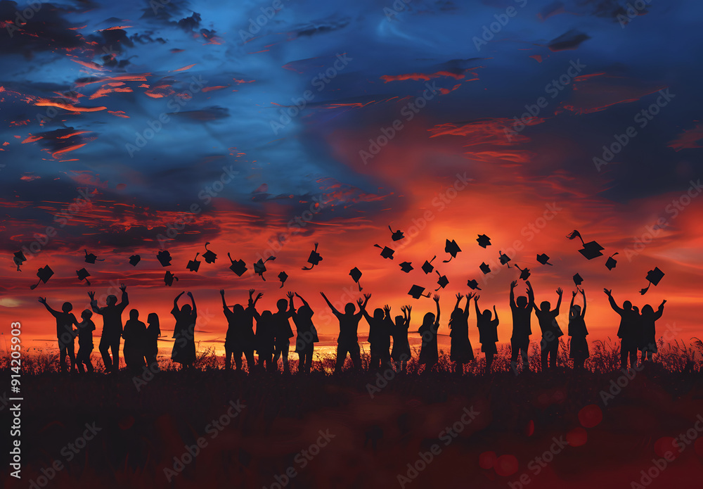 Graduates throwing their mortarboards in the sunset Graduates throwing their mortarboards in the sunset