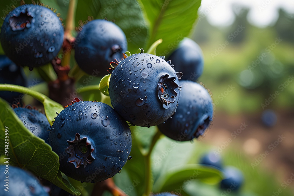 Fresh and healthy organic blueberries in a lush green plantation garden. Ideal for promoting farm-fresh produce