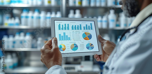 Close up of a doctor's hands holding a tablet with graphs in a laboratory, analyzing and researching.