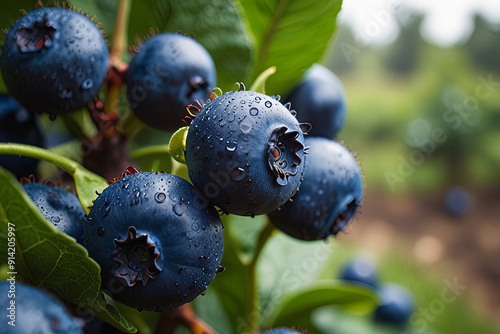 Obraz na płótnie Fresh and healthy organic blueberries in a lush green plantation garden. Ideal for promoting farm-fresh produce w salonie