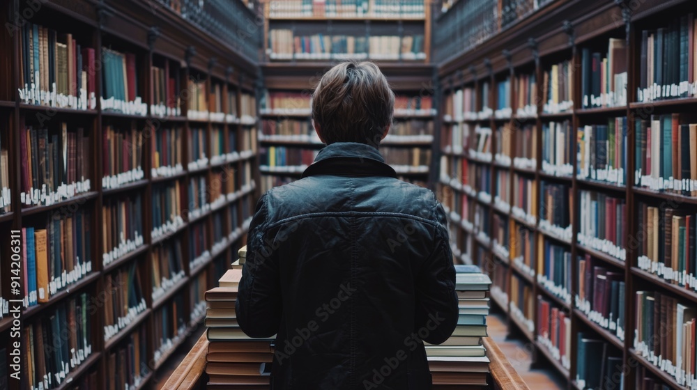 Fototapeta premium Librarian organizing books in a historic library