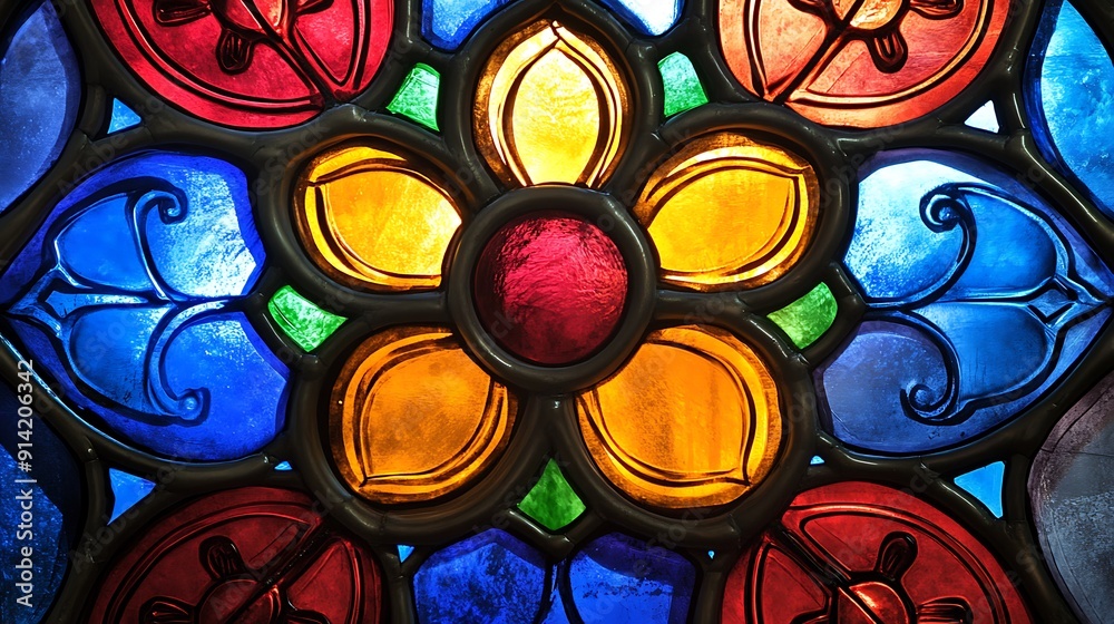 Vibrant Stained Glass Window: Close-up Illustration of Colorful Glass Artwork for Design Inspiration and Creativity Vibrant Stained Glass Window: Close-up Illustration of Colorful Glass Artwork for Design Inspiration and Creativity