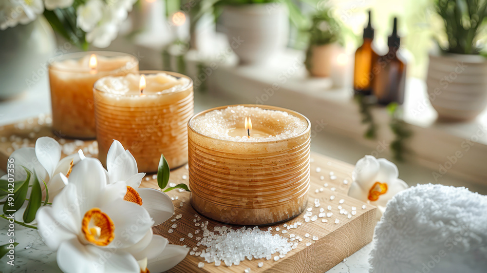 Beauty spa treatment and relax concept. A spa setting with towels, orchids and aromatic candles, creating a calming atmosphere. Special offer. Relaxation and recreation. spa composition Beauty spa treatment and relax concept. A spa setting with towels, orchids and aromatic candles, creating a calming atmosphere. Special offer. Relaxation and recreation. spa composition