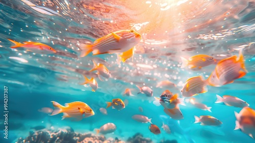 Vibrant tropical fish swimming in clear blue ocean water with sunlight filtering through, creating a serene and colorful underwater scene.