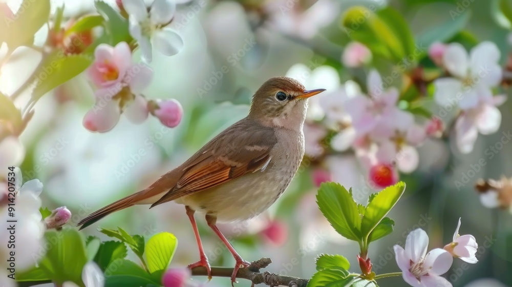 A small bird sitting on a branch of flowering tree with pink blossoms. A small bird sitting on a branch of flowering tree with pink blossoms.