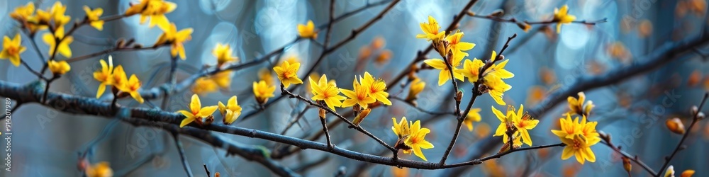 Yellow flowered Witch Hazel Nina in bloom in the forest during early spring Yellow flowered Witch Hazel Nina in bloom in the forest during early spring