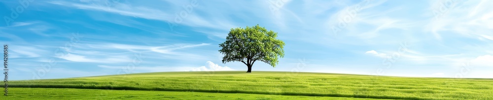 A solitary tree stands on a lush green hill under a bright blue sky with wispy clouds, embodying peace and natural beauty on a sunny day. A solitary tree stands on a lush green hill under a bright blue sky with wispy clouds, embodying peace and natural beauty on a sunny day.
