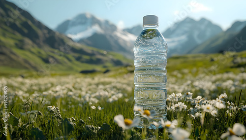 A clear water bottle stands amidst a lush meadow, framed by majestic mountains under a bright sky, symbolizing purity and nature. photo