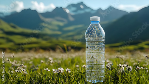 A clear water bottle stands on a flower-filled meadow, surrounded by stunning mountains under a bright blue sky. photo