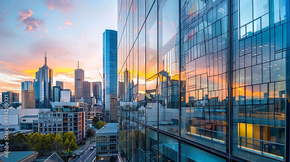 Modern Skyscrapers Reflecting a Vibrant Sunset Modern Skyscrapers Reflecting a Vibrant Sunset
