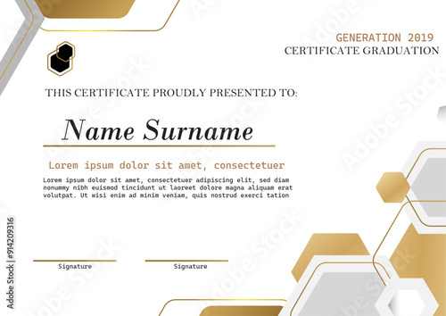 Graduation certificate design, showcasing a professional layout with decorative gold elements and placeholder text