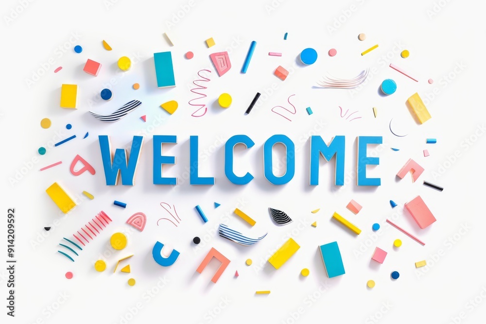 Picture a bright and lively scene featuring the word 'WELCOME' displayed prominently in bold, uppercase letters on a pure white background. 