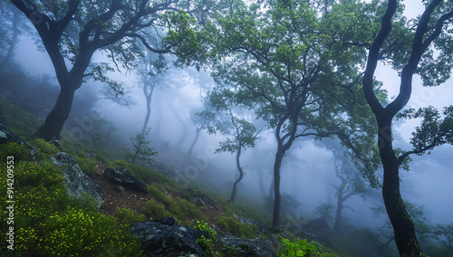 A serene and eerie scene of a foggy forest, creating a mysterious and tranquil atmosphere. Suitable for nature-themed content and outdoor exploration.