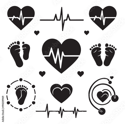Minimal Set of heart pulse with heart and babys feet vector flat style silhouette vector illustration Design.