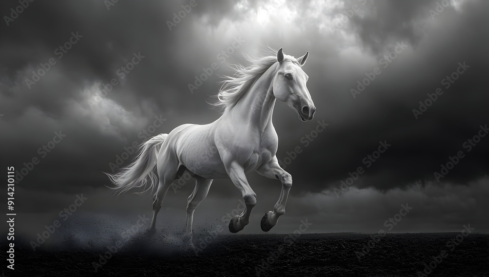 A majestic white horse gallops powerfully against a dramatic dark sky, symbolizing freedom and beauty in a stormy landscape. A majestic white horse gallops powerfully against a dramatic dark sky, symbolizing freedom and beauty in a stormy landscape.