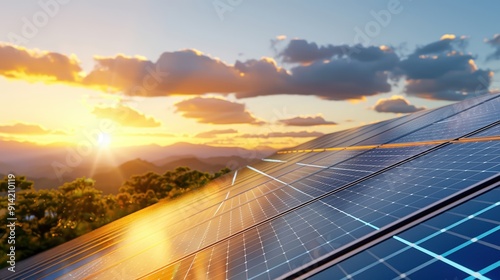 Obraz na płótnie Stunning sunset over a solar panel farm in the mountains, showcasing renewable energy and sustainability in a beautiful natural setting. w salonie