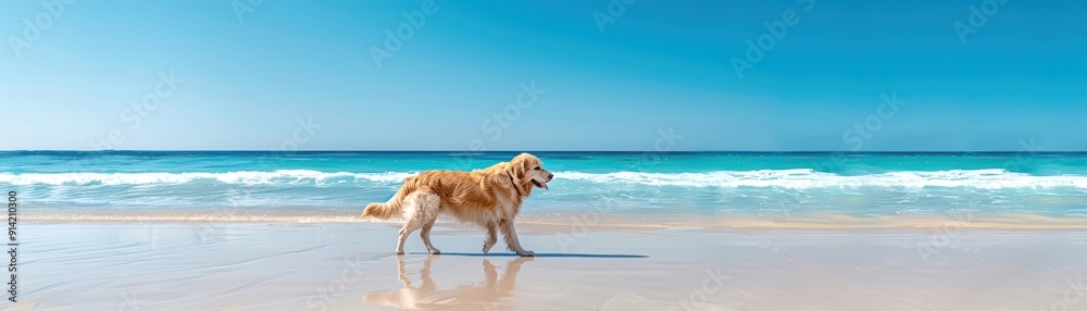 A golden retriever joyfully walks along a serene beach with clear blue skies and gentle waves in the background, epitomizing a perfect beach day. A golden retriever joyfully walks along a serene beach with clear blue skies and gentle waves in the background, epitomizing a perfect beach day.