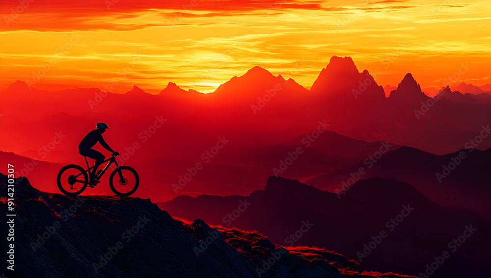 Obraz premium A mountain biker silhouetted against a stunning sunset with vibrant colors and majestic peaks in the background.