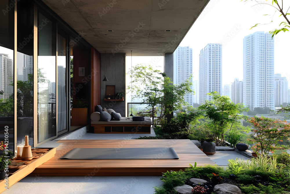 A serene balcony oasis surrounded by greenery and modern architecture, perfect for relaxation and meditation.