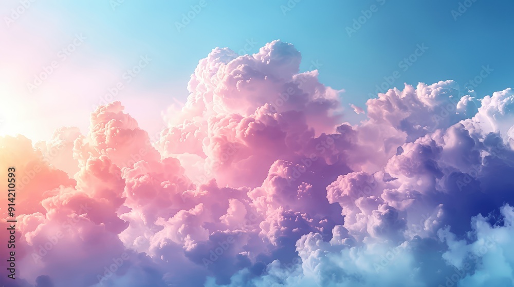 A beautiful, vibrant sky filled with cotton candy clouds illuminated by the soft hues of a setting sun. A beautiful, vibrant sky filled with cotton candy clouds illuminated by the soft hues of a setting sun.