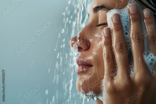 A close-up of a woman washing her face under a shower, with soap bubbles and water droplets highlighting a refreshing moment.