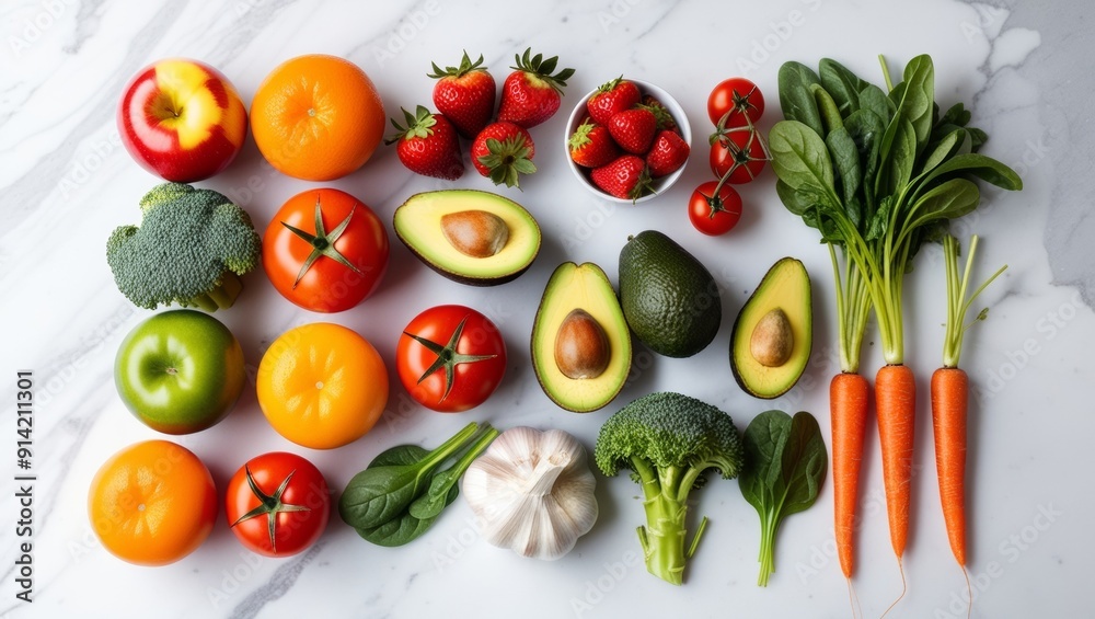 Assorted Fresh Fruits and Vegetables on Marble Background Assorted Fresh Fruits and Vegetables on Marble Background