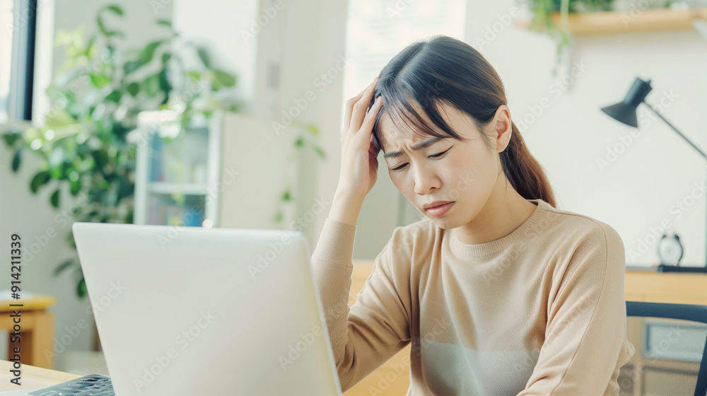 a stressed korean, asian, japanese woman with a headache sitting at a desk next to her computer with a sad and worried look and placing her hand on her head a stressed korean, asian, japanese woman with a headache sitting at a desk next to her computer with a sad and worried look and placing her hand on her head