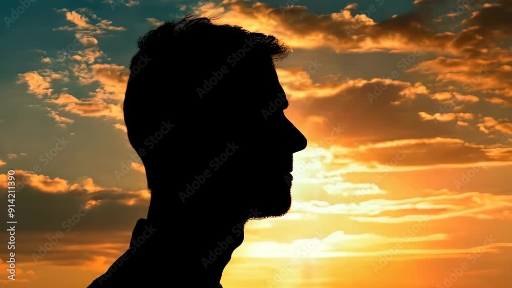 Silhouette of a man against a vibrant sunset sky, calm and introspective mood Silhouette of a man against a vibrant sunset sky, calm and introspective mood