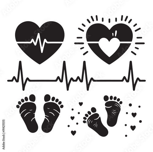 Minimal Set of heart pulse with heart and babys feet vector flat style silhouette vector illustration Design.