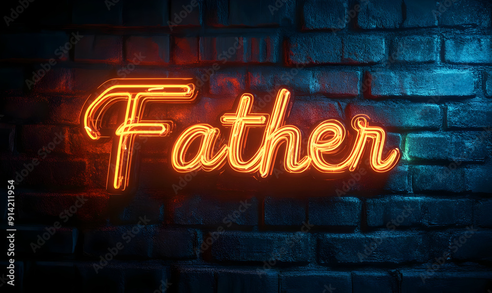 A vibrant neon sign displaying the word 'Father' against a dark brick wall, symbolizing love and appreciation. A vibrant neon sign displaying the word 'Father' against a dark brick wall, symbolizing love and appreciation.